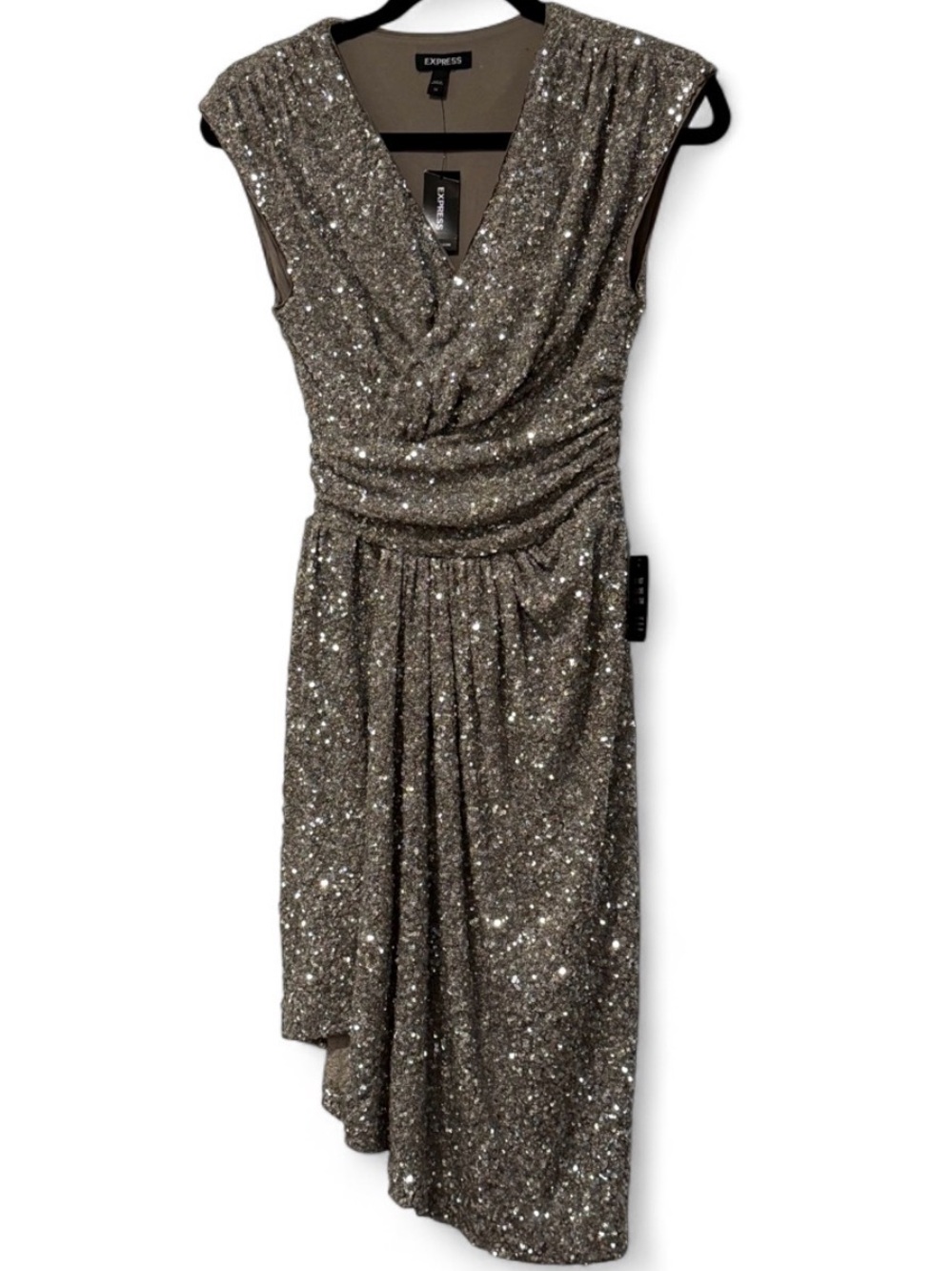 Sequined Asymmetric Hem Women’s Party Dress - Metallic silver XS